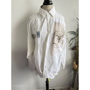 Indigo Palms Mens Large Linen Blend White Tropical Stamp Button Down Shirt